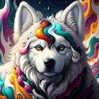 White Wolf Digital Artwork with Mystical Crown and Colorful Fur Amidst Purple Flowers