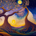 Fantastical landscape with swirling skies, oversized trees, whimsical houses, and celestial bodies in rich