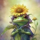 Colorful Frog Illustration with Leaf Hat and Coat in Dreamy Nature Scene