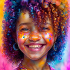 Colorful digital portrait of a woman with multi-colored curly hair and bright pink cheeks