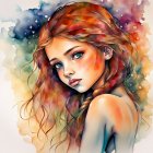 Colorful Artwork of Woman with Floral Hair & Blue Eyes