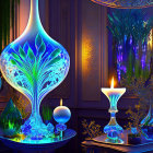 Colorful digital artwork featuring illuminated glass terrariums, flowers, candle, and potion bottle