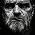 Monochromatic surreal portrait of a man with intricate patterns and a small integrated house in his beard