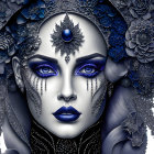 Digital artwork: Woman with pale cracked skin, blue makeup, dark lips, silver headpiece with gems