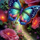 Colorful Blue Butterfly Illustration Among Vibrant Flowers