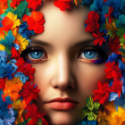 Close-up of woman's face with striking blue eyes and vibrant multicolored flowers