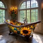 Sunflower-themed bathroom with claw-foot tub and matching decor