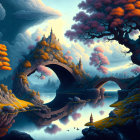 Vibrant surreal landscape with colorful trees, floating islands, pagodas, starry sky,