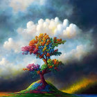 Colorful autumn tree on island under dramatic sky