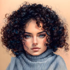 Detailed illustration of a woman with voluminous curly hair, striking eyes, rosy cheeks, and a