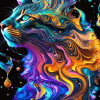 Colorful digital artwork: Cat with intricate patterns in blue, orange, and gold on black background.