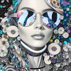 Stylized image of woman with reflective sunglasses and intricate patterns