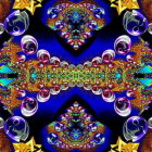 Symmetrical gold-edged fractal image with glowing orbs in blue palette