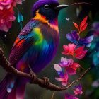 Colorful Bird Among Pink Flowers and Green Foliage