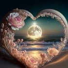 Heart-shaped rose frame surrounding golden sunset seascape with birds