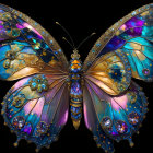 Iridescent blue butterfly with jewels and flowers on black background