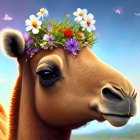 Camel wearing flower crown in nature scene