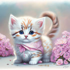 Fluffy white kitten digital art with blue eyes and floral backdrop