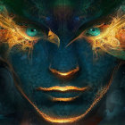 Intricate digital artwork: Vibrant face with glowing blue eyes, cosmic design