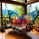 Colorful Stained-Glass Hanging Bench with Floral Pattern on Balcony overlooking Mountainous Landscape