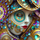 Colorful digital artwork of woman's face with intricate patterns in blue, gold, and purple