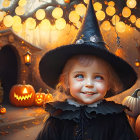 Illustrated white-haired witch in wide-brimmed hat with magical elements in twilight village