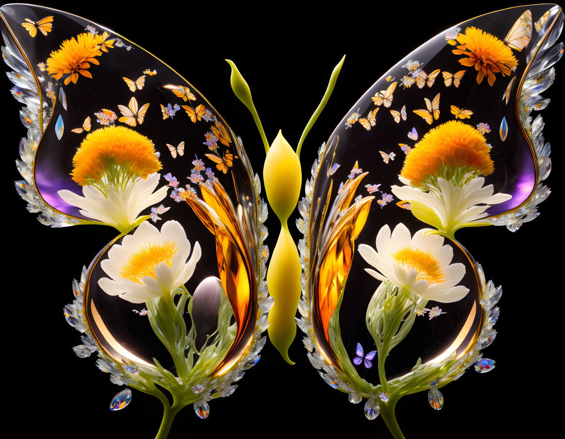 Symmetrical digital artwork of butterfly with flowers and butterflies on black background