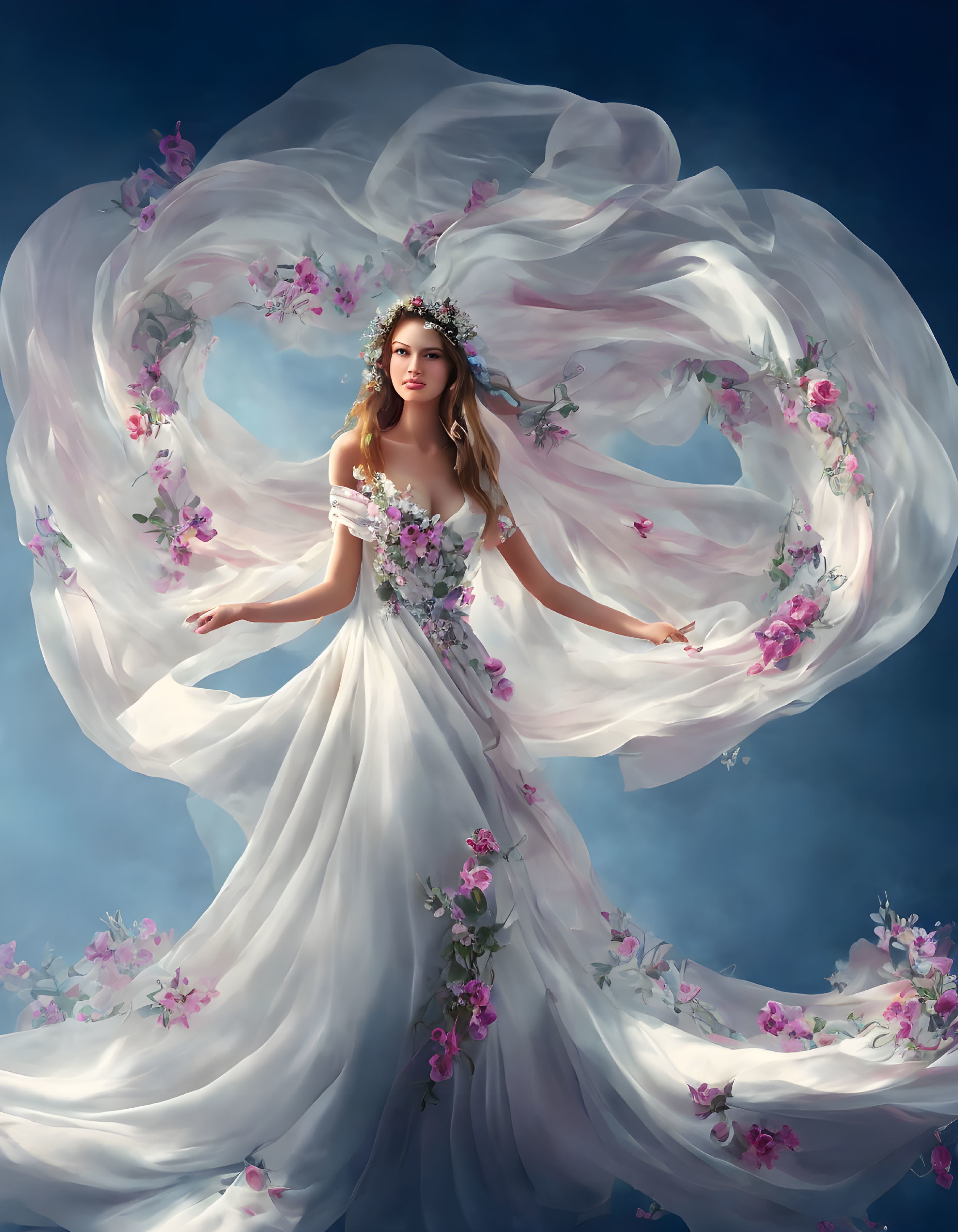 Woman in white gown with pink flowers against blue backdrop