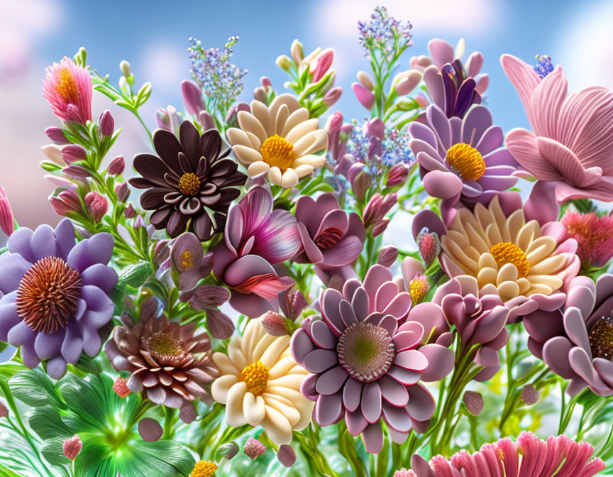 Colorful Blooming Flowers Against Blue Sky with Clouds