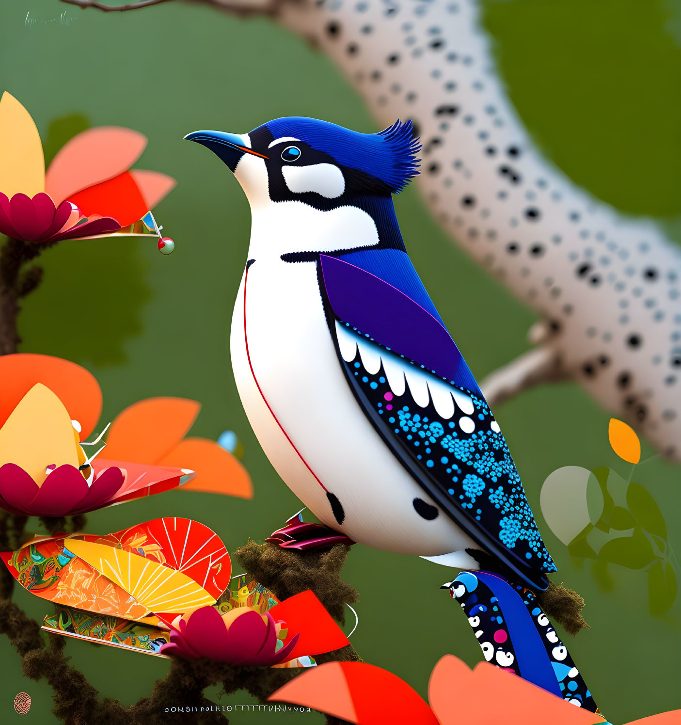 Colorful Stylized Bird Perched on Whimsical Tree