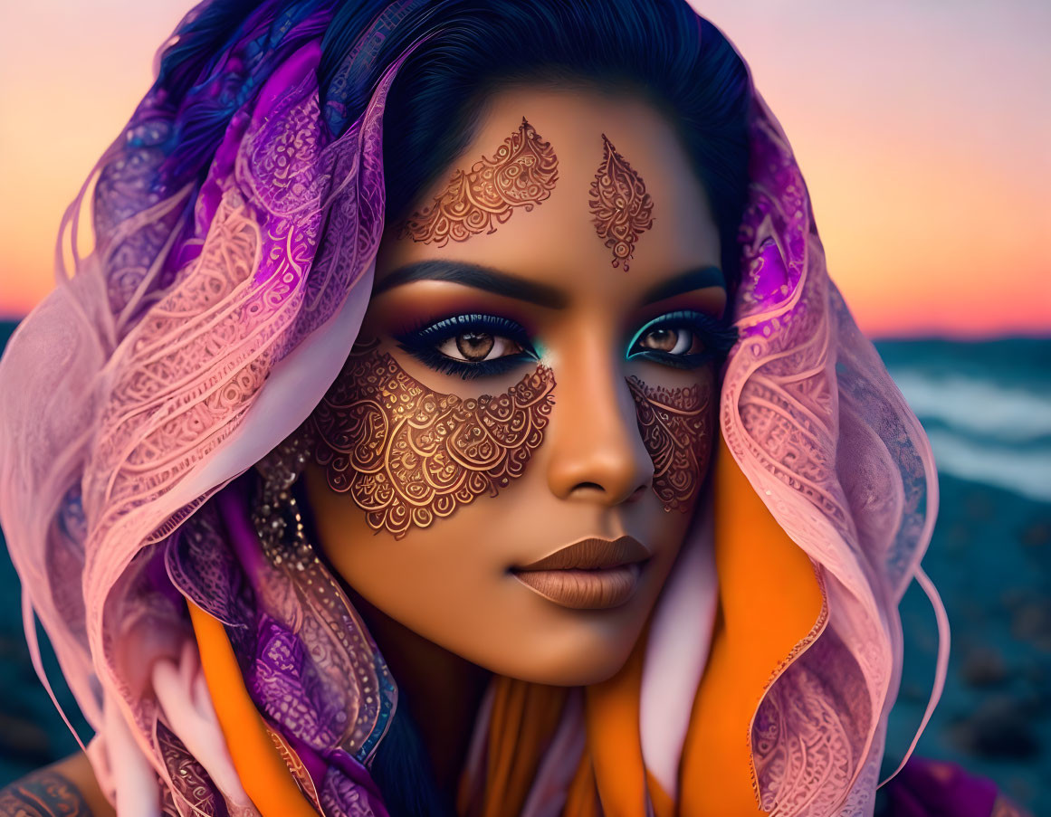 Digital portrait of woman with henna tattoos, ocean backdrop, vibrant headscarf, piercings