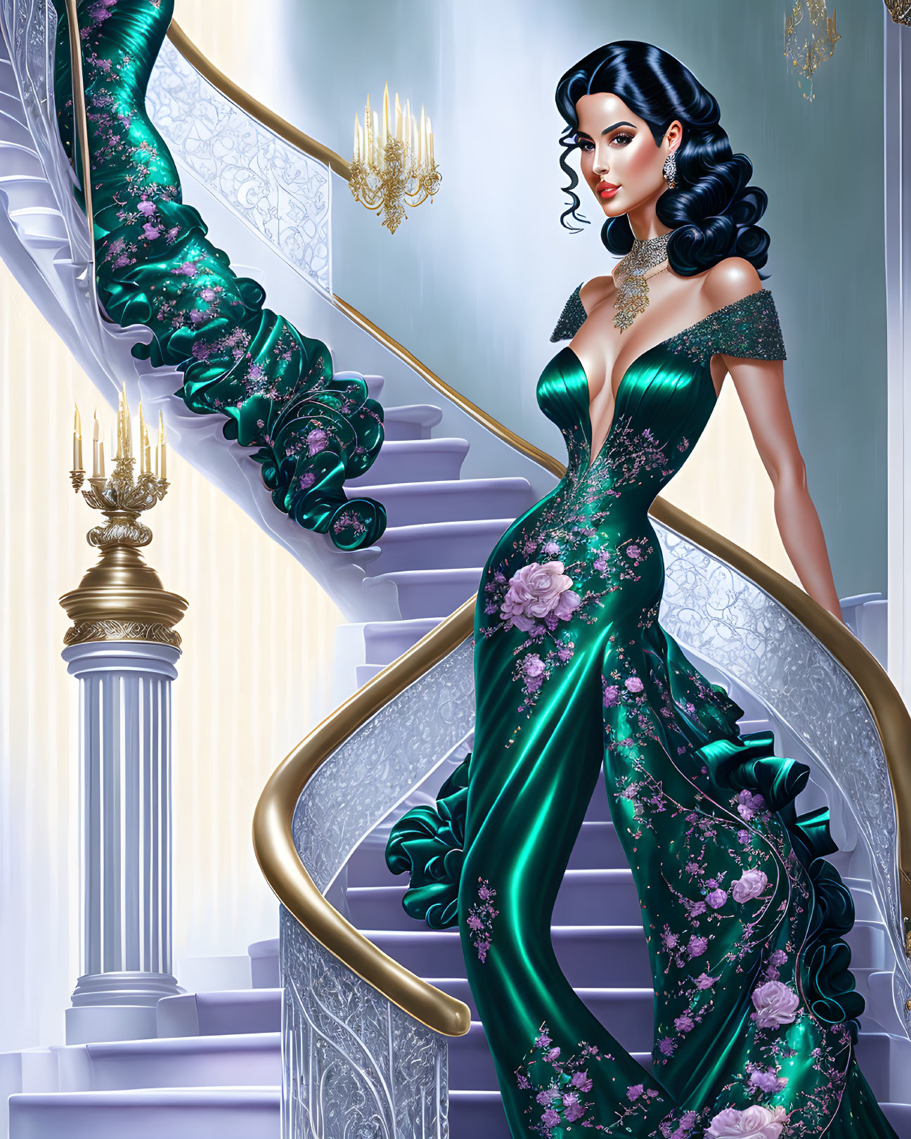 Stylish woman in green floral dress on grand staircase