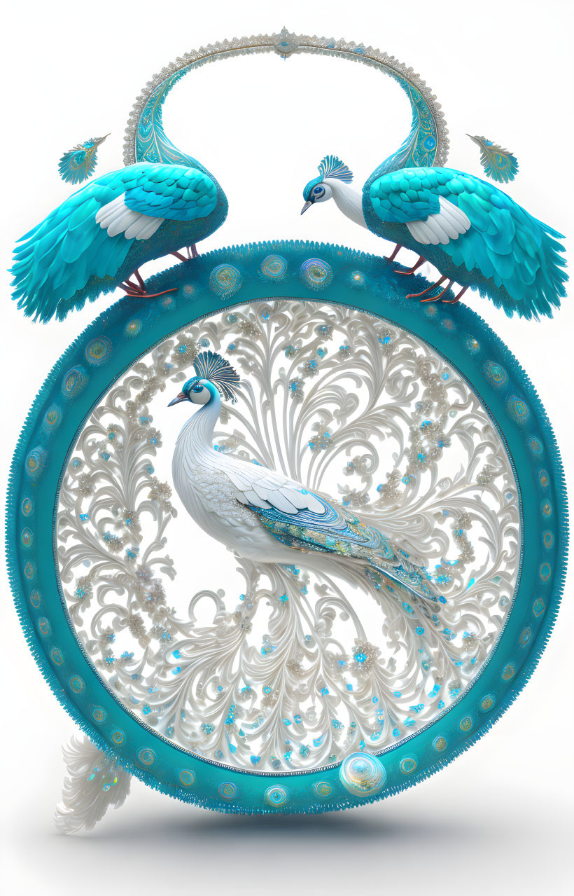 Three peacocks in baroque-style circular frame with turquoise and white motifs