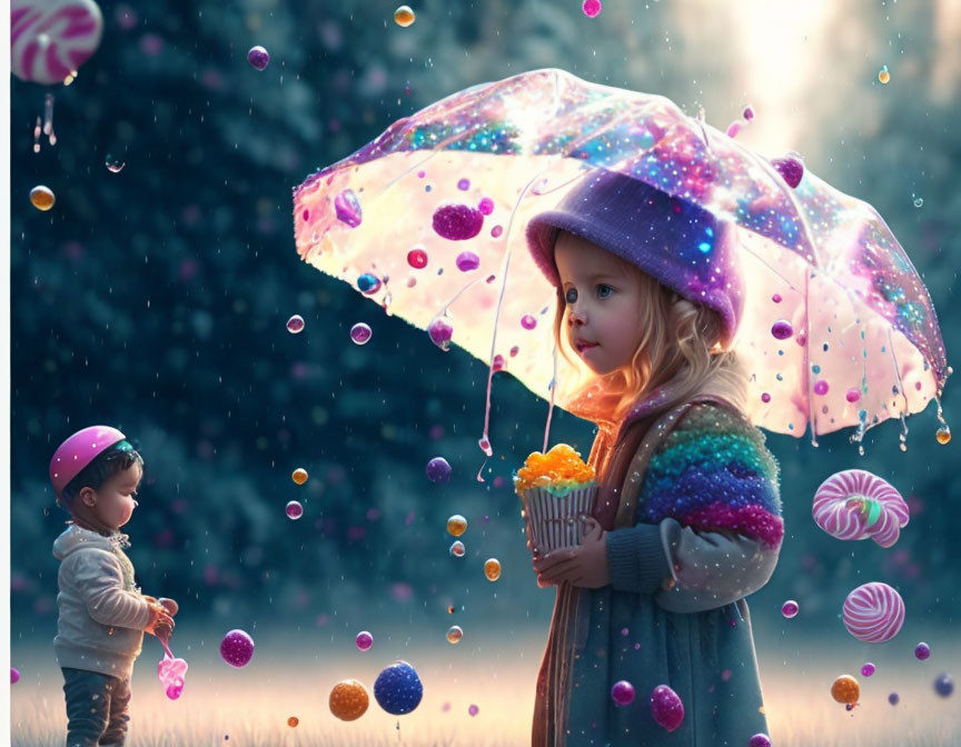 Child under sparkling umbrella with toddler in whimsical, colorful scene