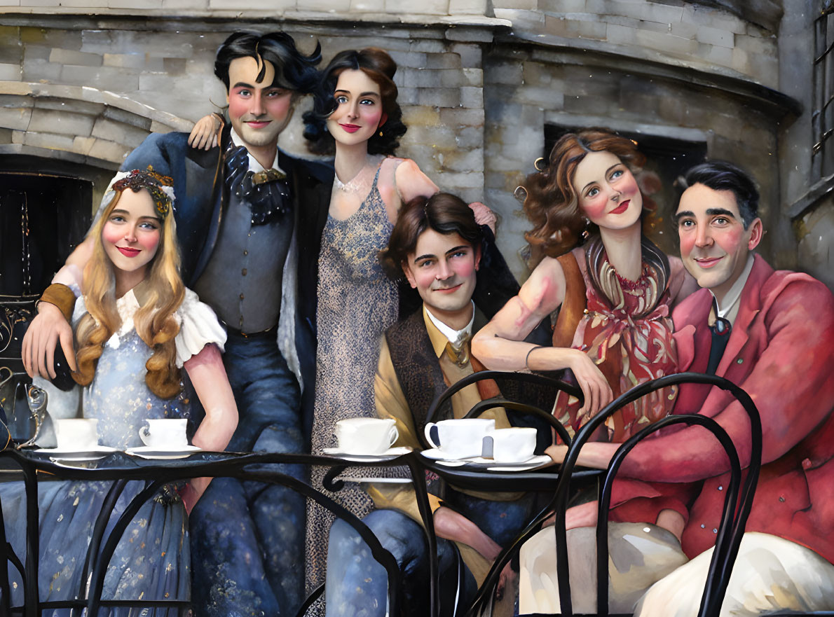 Vintage-style painting of six people at terrace café in suits and dresses