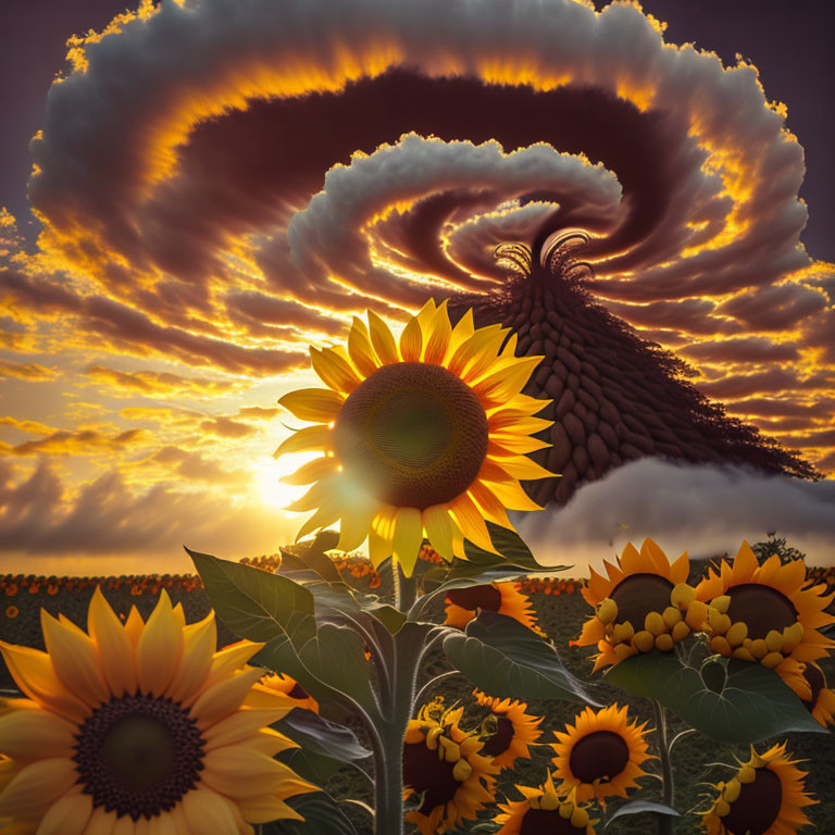 Sunflower field under dramatic sunset sky with mushroom cloud formation