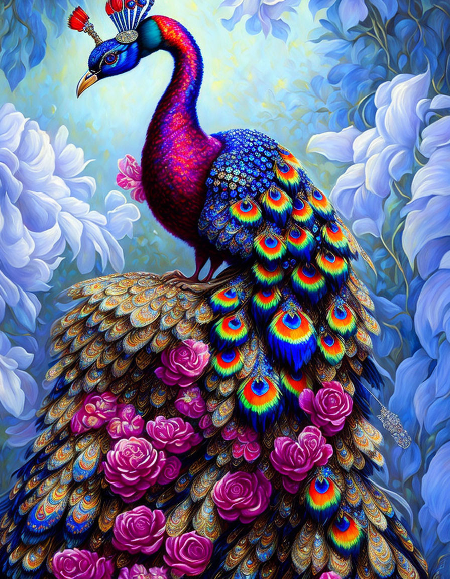 Colorful Peacock Illustration Among Roses and Blue Foliage