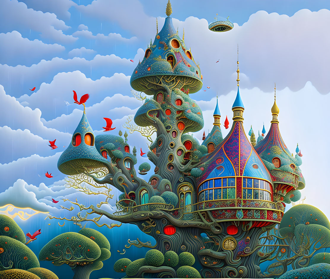 Fantasy mushroom castle illustration with birds and islands in colorful detail