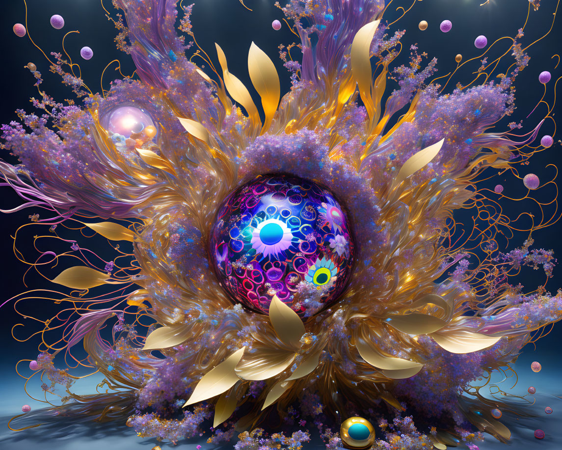 Colorful Abstract Art: Central Sphere, Golden Swirls, Lavender Blooms