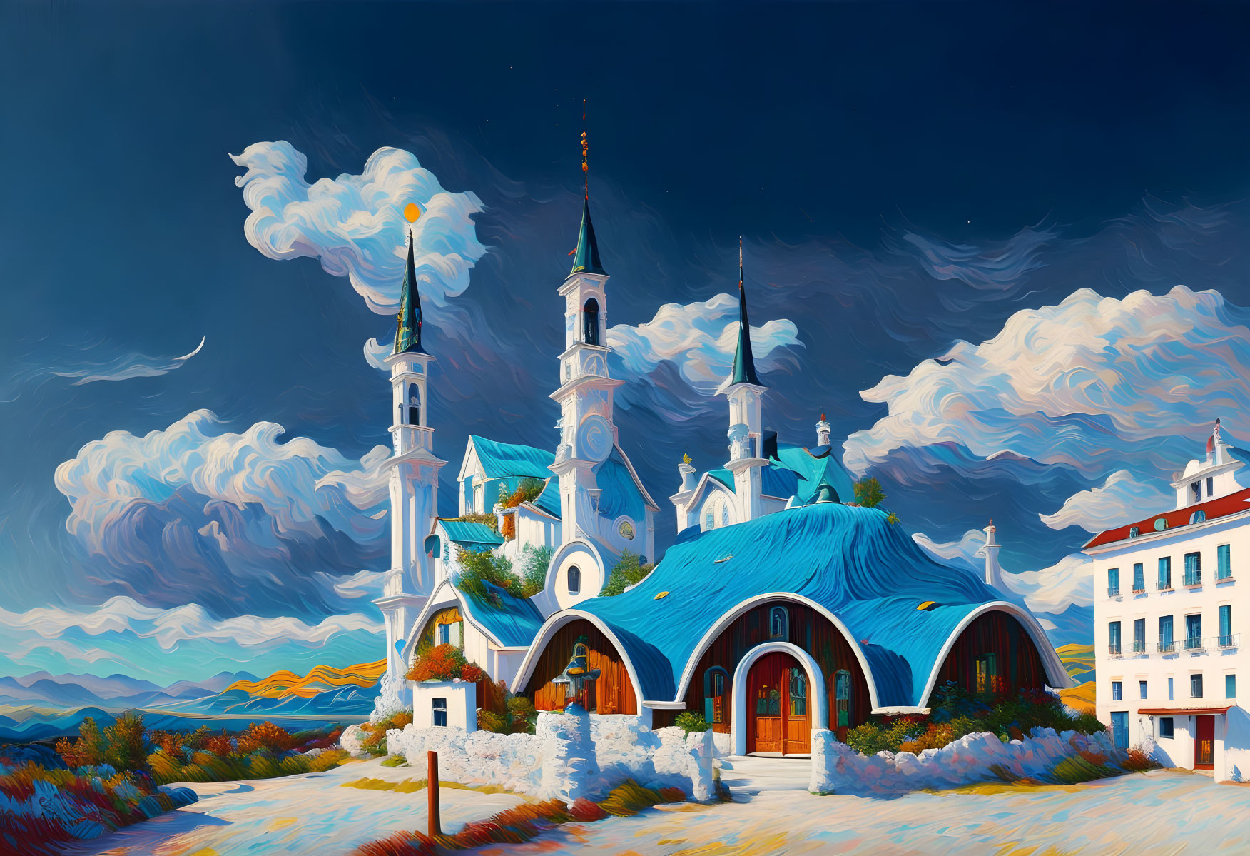 Whimsical town painting with dramatic sky & crescent moon