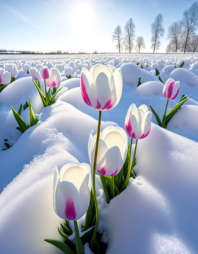 Snow-covered landscape with white tulips and pink accents under sunlight