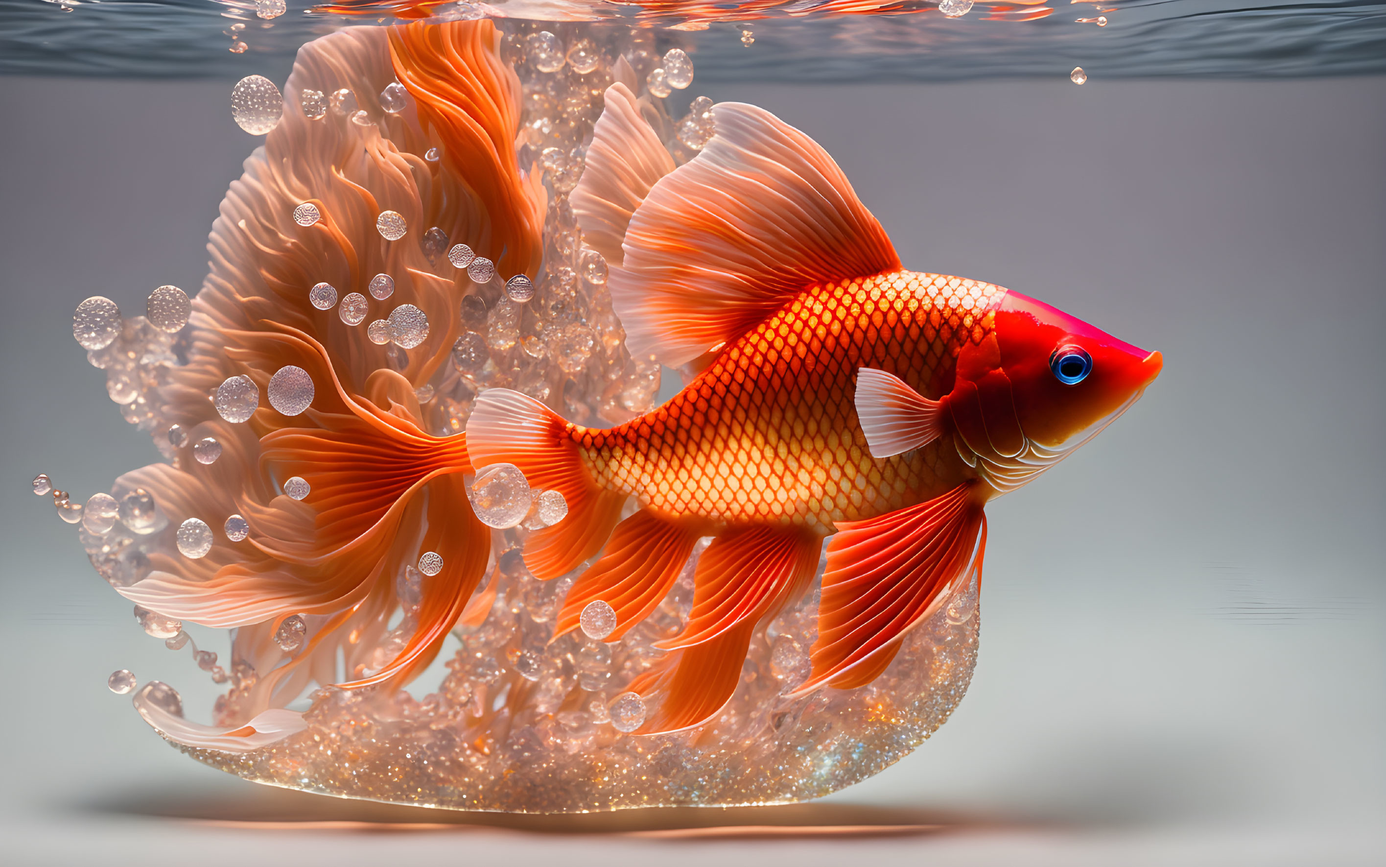 Orange Goldfish Swimming Gracefully in Clear Water with Bubbles