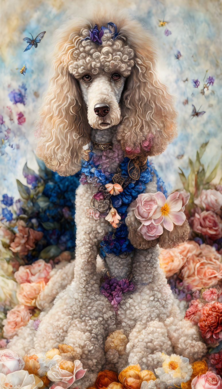 Regal poodle with floral necklace in vibrant floral setting