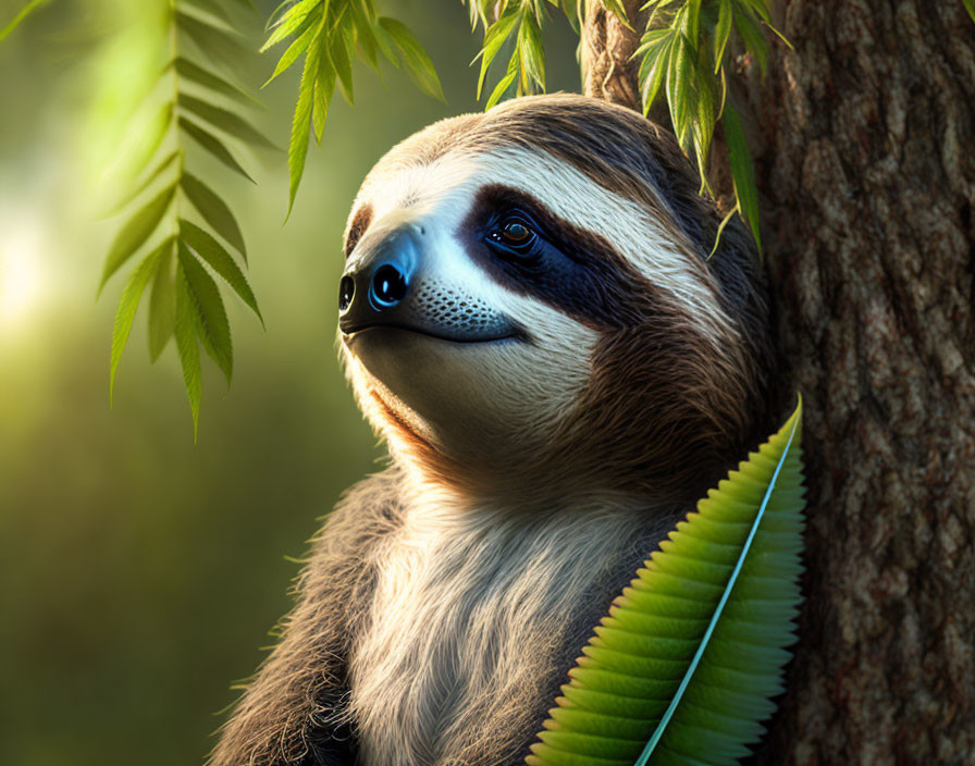 Sloth peacefully clinging to tree in lush green surroundings