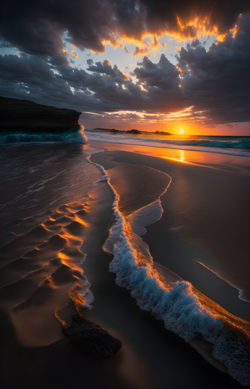 Serene beach sunset with orange clouds, crashing waves, and dark rocks