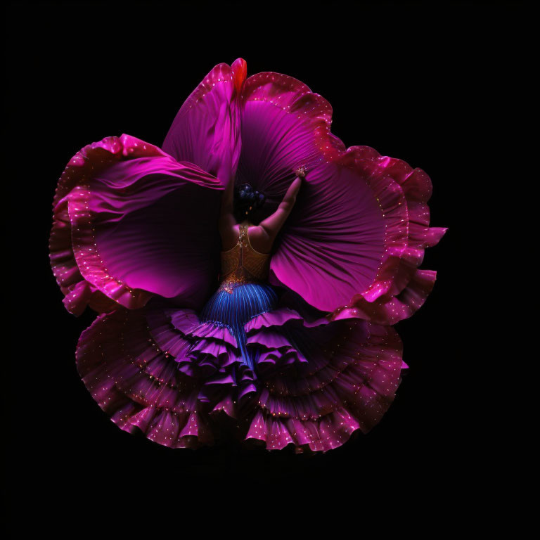 Vivid flower-like costume dancer posing in pink and purple attire