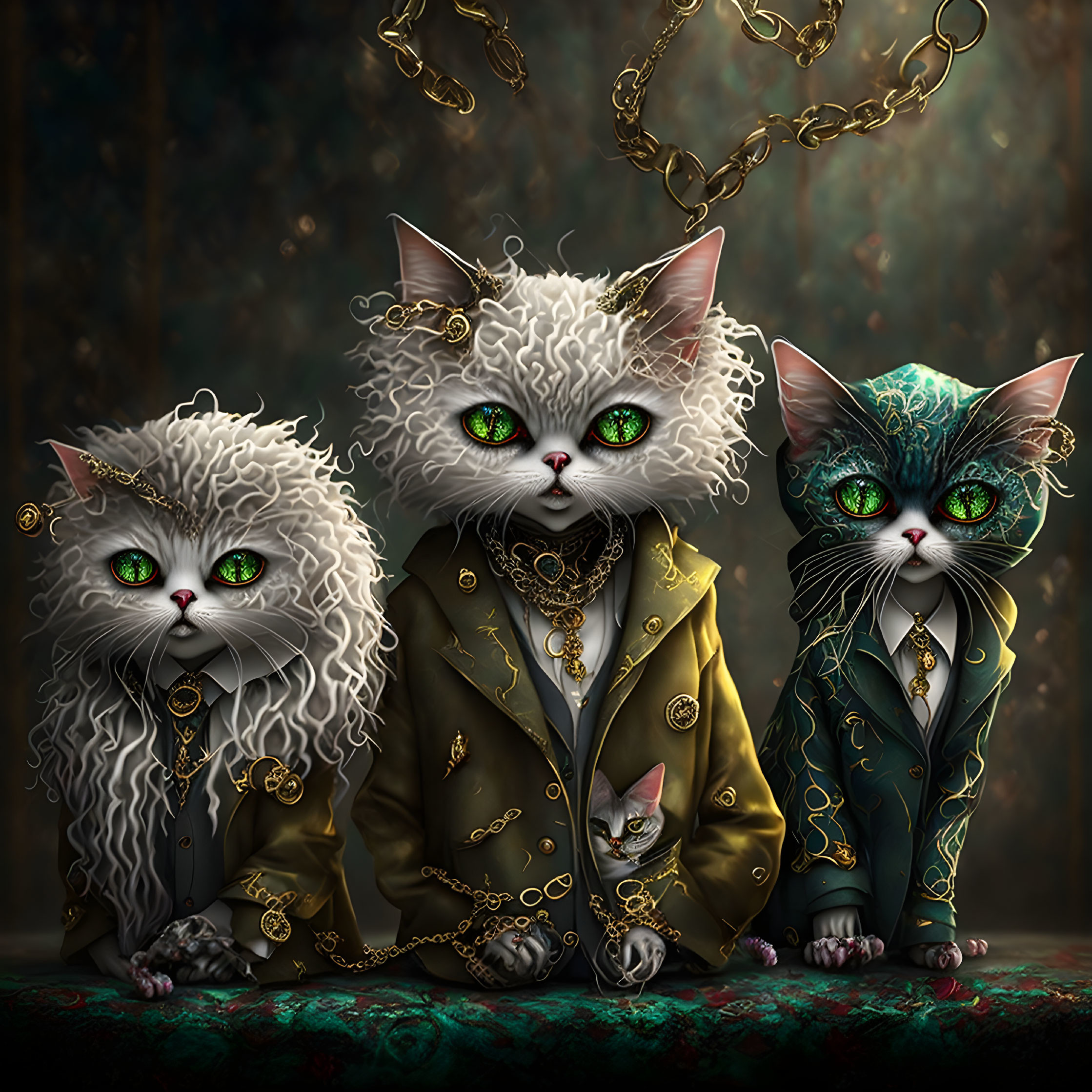 Luxurious Anthropomorphic Cats in Green Jackets with Gold Details