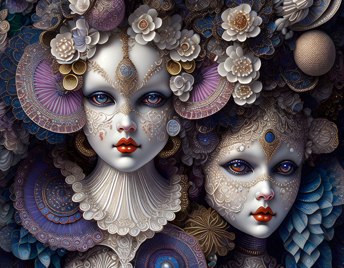 Ornate mask-like faces with intricate details and patterns on textured background