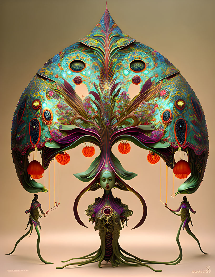 Surreal digital artwork with three figures and ornate peacock structure