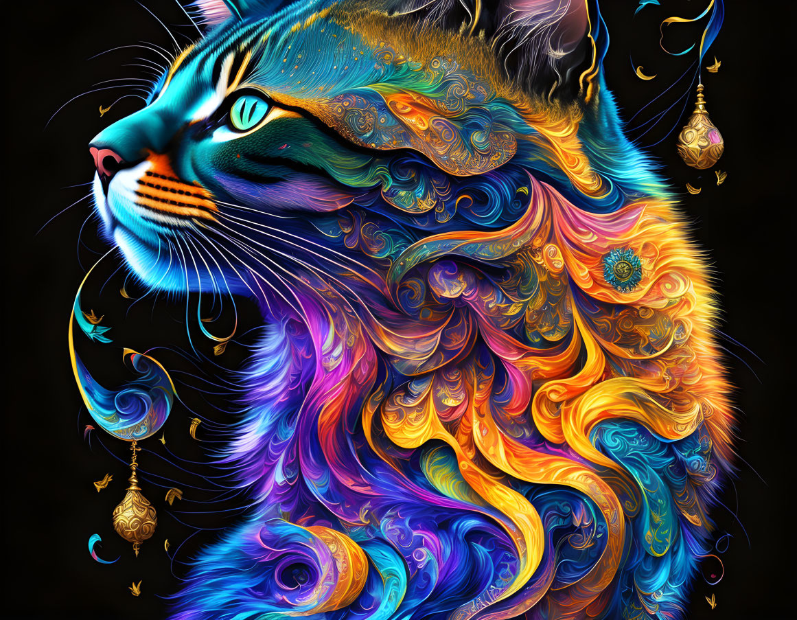 Colorful digital artwork: Cat with intricate patterns in blue, orange, and gold on black background.